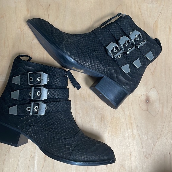 Jeffrey Campbell Allman Bootie Triple-Buckle Boot Black Snakeskin